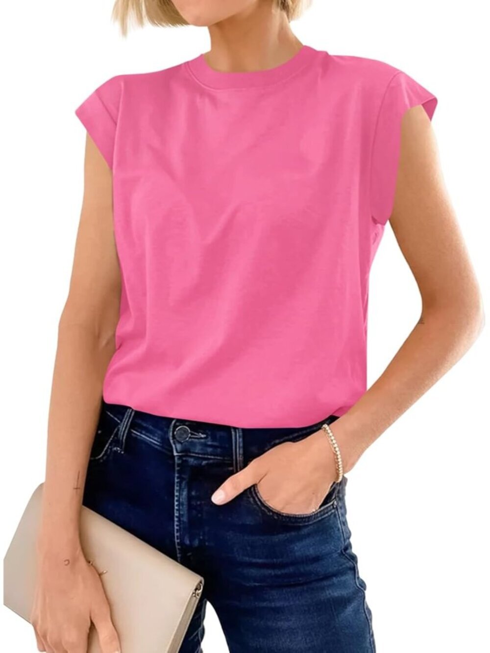 Women's Bright Pink Short Sleeve Crew Neck Basic Tee Loose Fit Cotton T Shirts